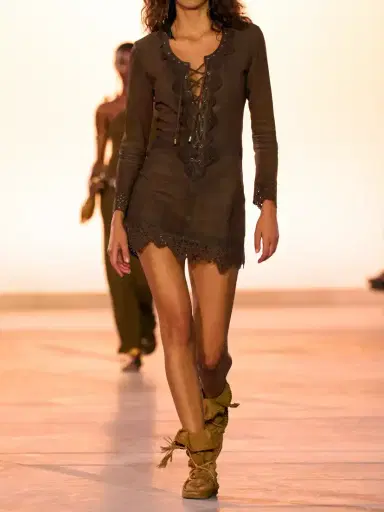 Isabel Marant Charlina Lace-up Scalloped Perforated Suede Mini Dress | Thumbnail 4