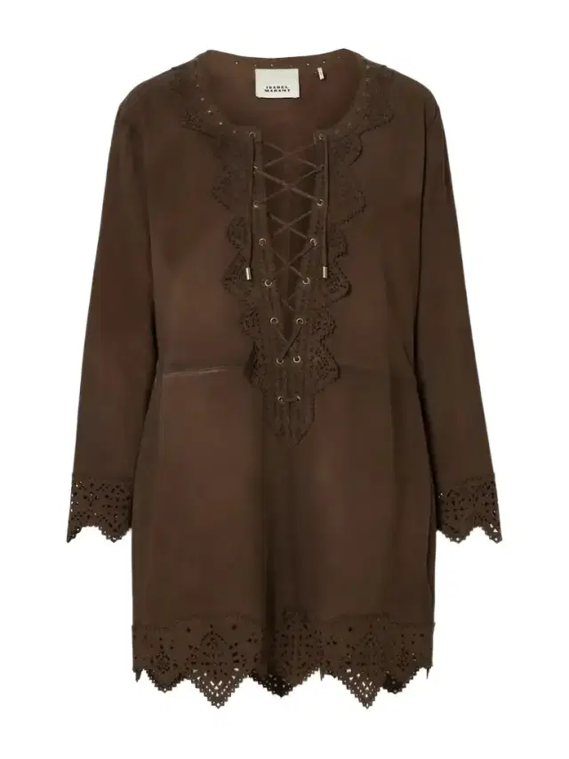 Charlina Lace-up Scalloped Perforated Suede Mini Dress