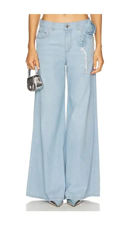 AREA Crystal Rosette Wide Leg Jeans