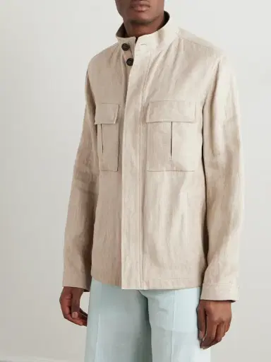 Zegna Leather-Trimmed Linen Overshirt - Men | Thumbnail 3