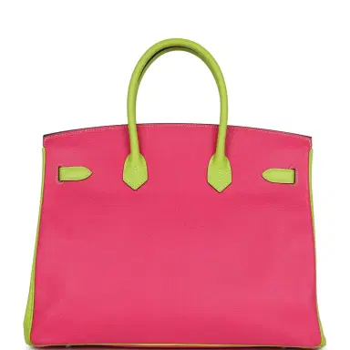 HERMÈS Pre-owned Hermes Special Order (HSS) Birkin 35 Rose Tyrien and Kiwi Epsom Palladium Hardware | Thumbnail 4 HERMÈS Pre-owned Hermes Special Order (HSS) Birkin 35 Rose Tyrien and Kiwi Epsom Palladium Hardware | Thumbnail 4