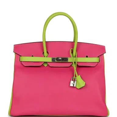 HERMÈS Pre-owned Hermes Special Order (HSS) Birkin 35 Rose Tyrien and Kiwi Epsom Palladium Hardware | Thumbnail 1 HERMÈS Pre-owned Hermes Special Order (HSS) Birkin 35 Rose Tyrien and Kiwi Epsom Palladium Hardware | Thumbnail 1