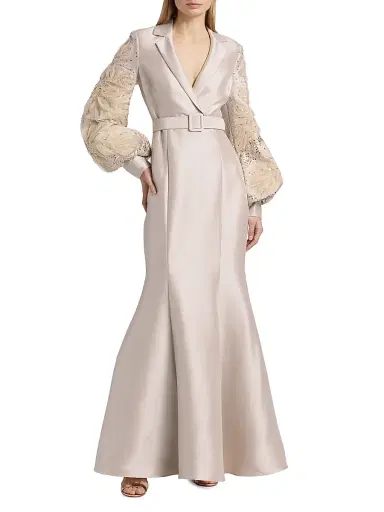 Badgley Mischka Women's Beaded Tulle-Sleeve Blazer Mermaid Gown - Champagne | Thumbnail 2 Badgley Mischka Women's Beaded Tulle-Sleeve Blazer Mermaid Gown - Champagne | Thumbnail 2