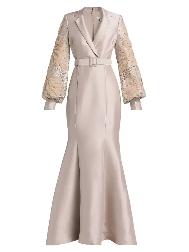 Badgley Mischka Women's Beaded Tulle-Sleeve Blazer Mermaid Gown - Champagne