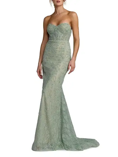 Mac Duggal Women's Embellished Floral Lace Strapless Gown - Sage | Thumbnail 4