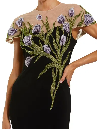 Mac Duggal Women's Evening Embroidered Jersey Illusion-Neck Gown - Black Multi - Size 16 | Thumbnail 3
