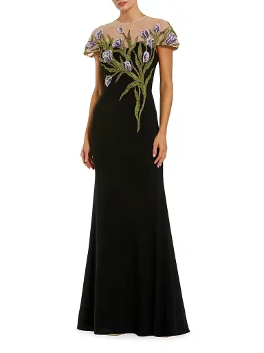 Mac Duggal Women's Evening Embroidered Jersey Illusion-Neck Gown - Black Multi - Size 16 | Thumbnail 1