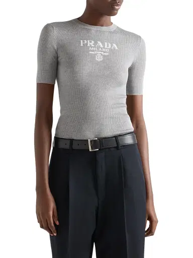 Prada Women's Silk Crewneck Sweater with Logo - Grey - Size 10 | Thumbnail 2 Prada Women's Silk Crewneck Sweater with Logo - Grey - Size 10 | Thumbnail 2