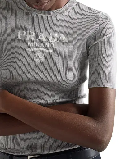 Prada Women's Silk Crewneck Sweater with Logo - Grey - Size 10 | Thumbnail 4 Prada Women's Silk Crewneck Sweater with Logo - Grey - Size 10 | Thumbnail 4