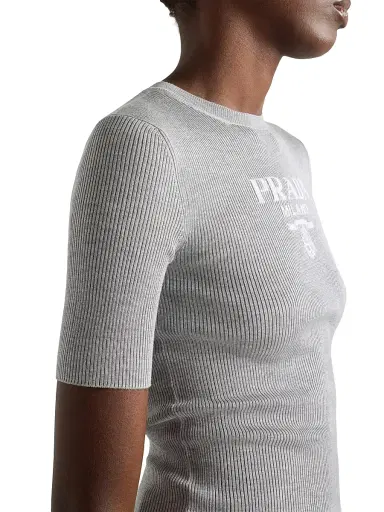 Prada Women's Silk Crewneck Sweater with Logo - Grey - Size 10 | Thumbnail 5 Prada Women's Silk Crewneck Sweater with Logo - Grey - Size 10 | Thumbnail 5