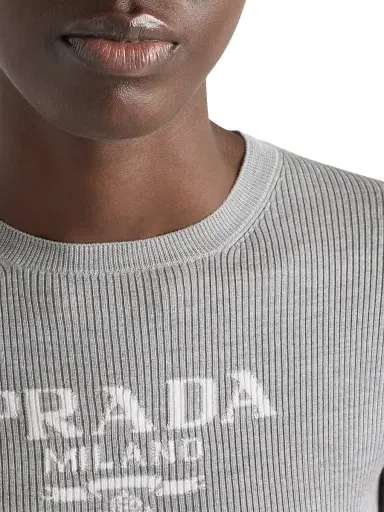 Prada Women's Silk Crewneck Sweater with Logo - Grey - Size 10 | Thumbnail 6 Prada Women's Silk Crewneck Sweater with Logo - Grey - Size 10 | Thumbnail 6
