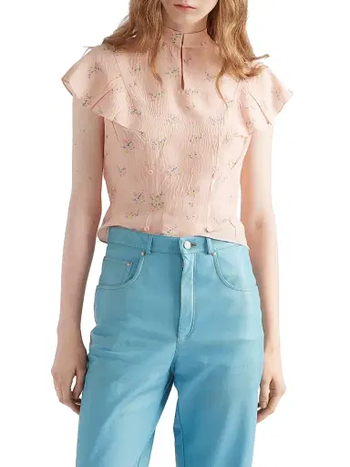 Prada Women's Floral Print Pongé Top - Pink | Thumbnail 2