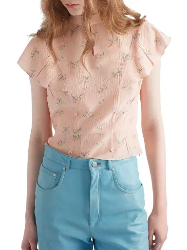 Prada Women's Floral Print Pongé Top - Pink | Thumbnail 4