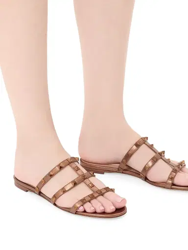 Valentino Garavani Women's Rockstud Flat Metallic Nappa Slide Sandals - Bronze | Thumbnail 7 Valentino Garavani Women's Rockstud Flat Metallic Nappa Slide Sandals - Bronze | Thumbnail 7