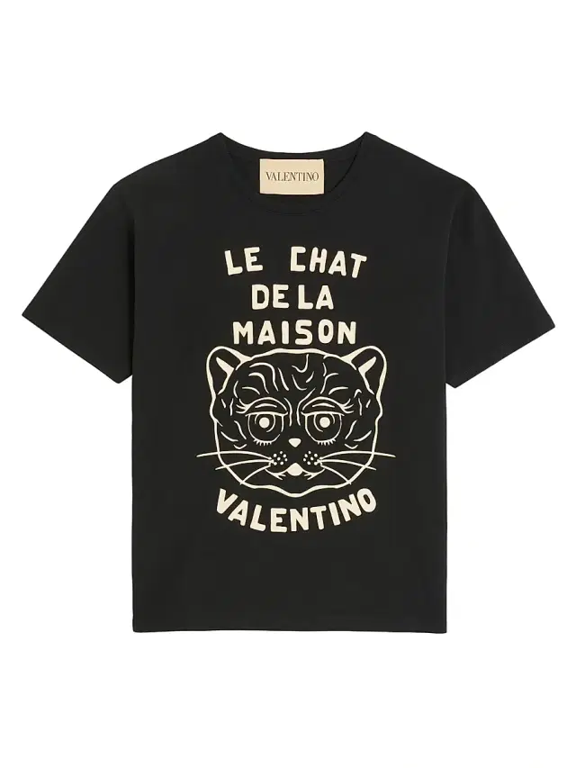 Men's Cotton T-Shirt with Chat De La Maison Print - Black