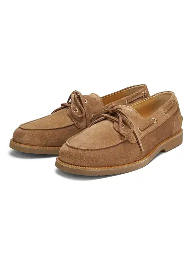 Brunello Cucinelli Men's Washed Suede Boat Shoes - Brown | Thumbnail 2 Brunello Cucinelli Men's Washed Suede Boat Shoes - Brown | Thumbnail 2