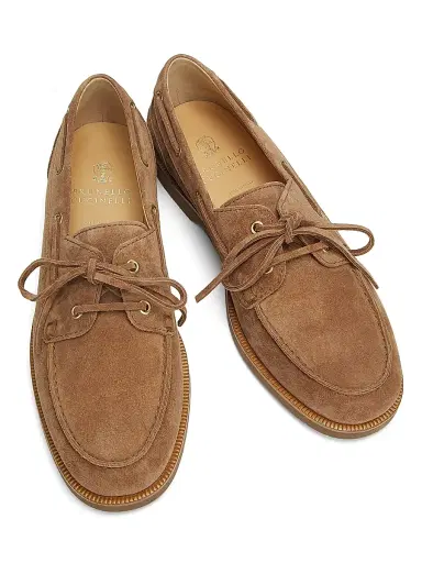 Brunello Cucinelli Men's Washed Suede Boat Shoes - Brown | Thumbnail 4 Brunello Cucinelli Men's Washed Suede Boat Shoes - Brown | Thumbnail 4