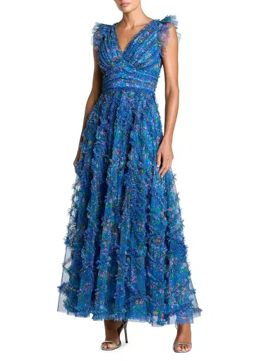 Mac Duggal Women's Floral Mesh Ruffled V-Neck Maxi Dress - Blue Multi - Size 16 | Thumbnail 1 Mac Duggal Women's Floral Mesh Ruffled V-Neck Maxi Dress - Blue Multi - Size 16 | Thumbnail 1