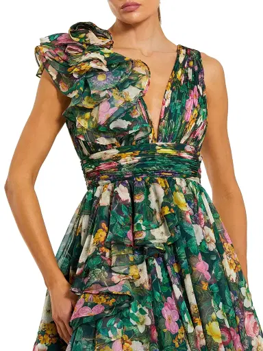 Mac Duggal Women's Floral Chiffon Ruffled V-Neck Gown - Deep Green Multi - Size 4 | Thumbnail 3 Mac Duggal Women's Floral Chiffon Ruffled V-Neck Gown - Deep Green Multi - Size 4 | Thumbnail 3