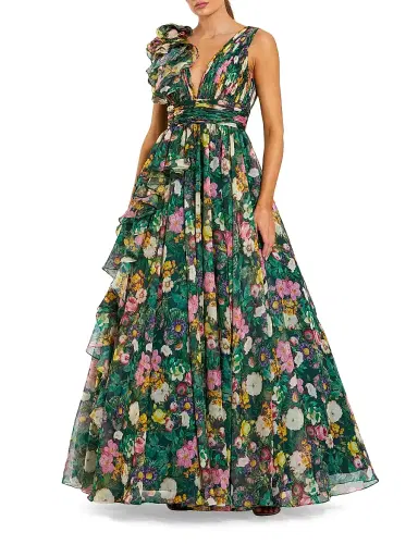 Mac Duggal Women's Floral Chiffon Ruffled V-Neck Gown - Deep Green Multi - Size 4 | Thumbnail 1 Mac Duggal Women's Floral Chiffon Ruffled V-Neck Gown - Deep Green Multi - Size 4 | Thumbnail 1