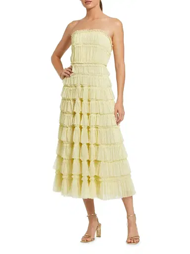 Mac Duggal Women's Mesh Ruffled Strapless Midi-Dress - Buttercup | Thumbnail 1 Mac Duggal Women's Mesh Ruffled Strapless Midi-Dress - Buttercup | Thumbnail 1