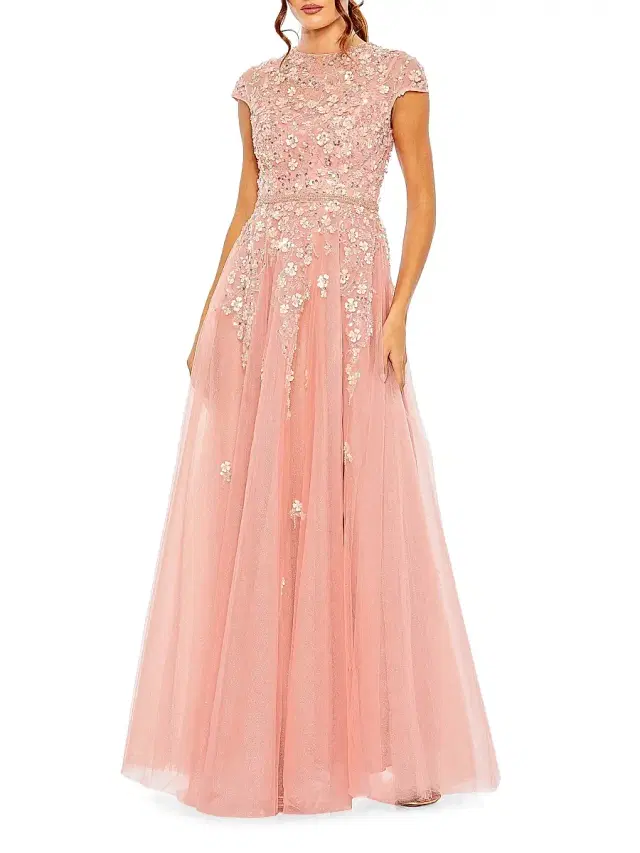 Women's Embellished Tulle A-line Gown - Rose