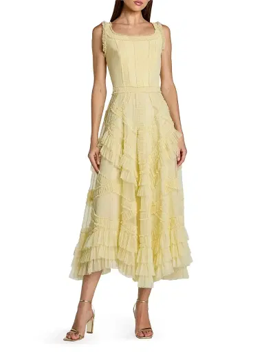 Mac Duggal Women's Mesh Ruffled Scoopneck Midi-Dress - Buttercup | Thumbnail 1 Mac Duggal Women's Mesh Ruffled Scoopneck Midi-Dress - Buttercup | Thumbnail 1