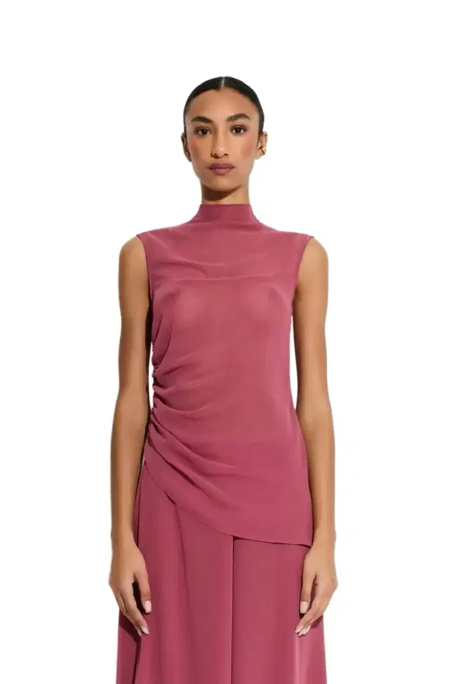 LAPOINTE Lightweight Georgette Mock Neck Ruched Top