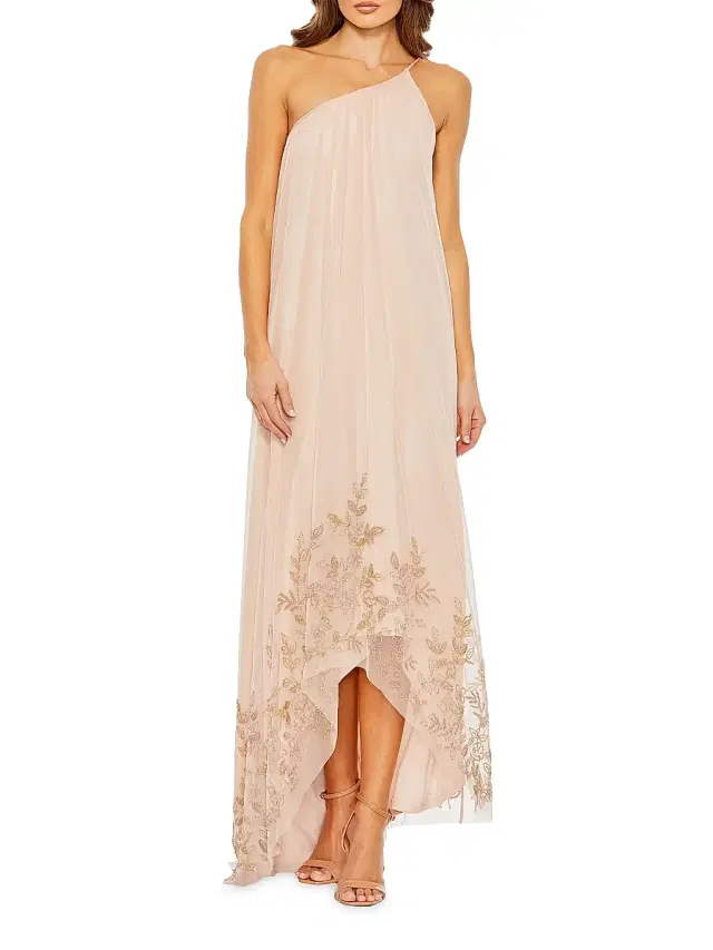 Women's Embellished Asymmetric One-Shoulder Gown - Rose
