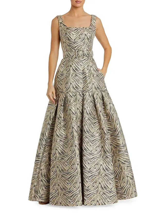 Women's Evening Metallic Brocade Belted Gown - Gold