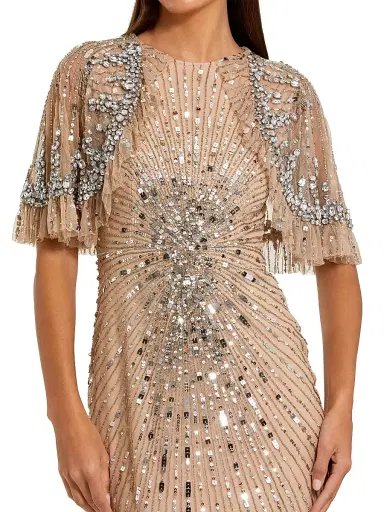 Mac Duggal Women's Embellished Tulle Capelet Gown - Beige Silver - Size 20 | Thumbnail 3