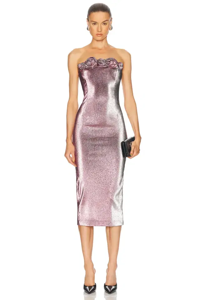 AREA Stretch Lame Rosette Midi Dress