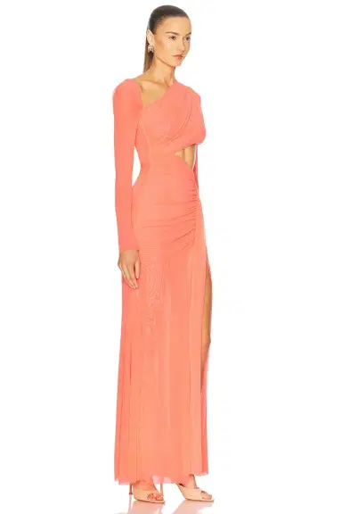 LaPointe Mesh Asymmetric Cut Out Ruched Gown | Thumbnail 2