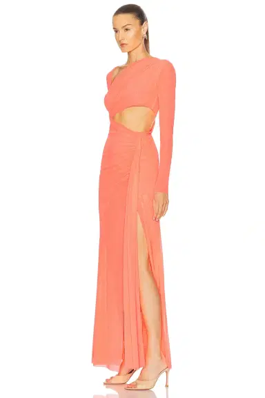 LaPointe Mesh Asymmetric Cut Out Ruched Gown | Thumbnail 3