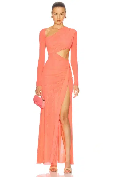 LaPointe Mesh Asymmetric Cut Out Ruched Gown | Thumbnail 1