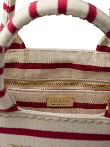 Prada Women's Jardiniere Mini Striped Cotton Canvas Top Handle Bag - Red White | Thumbnail 11