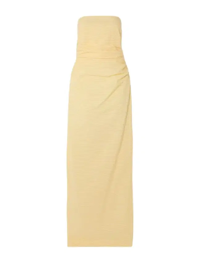 Vera Strapless Ruched Striped Cotton-seersucker Maxi Dress