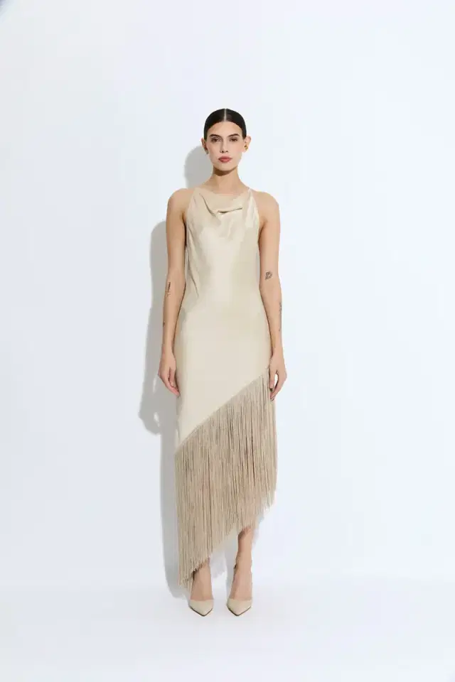 Satin Cowl Neck Fringe Dress
