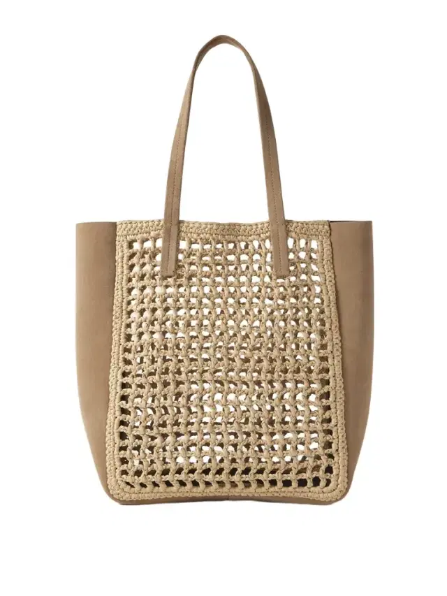 Zoe Small Suede And Crocheted Raffia Tote