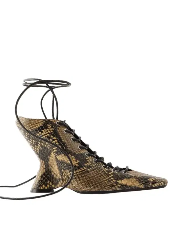 Lace-up Snake-effect Leather Wedge Pumps