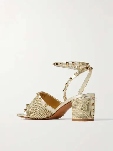 Valentino Garavani Rockstud 60 Embellished Raffia-trimmed Metallic Leather Sandals | Thumbnail 3 Valentino Garavani Rockstud 60 Embellished Raffia-trimmed Metallic Leather Sandals | Thumbnail 3
