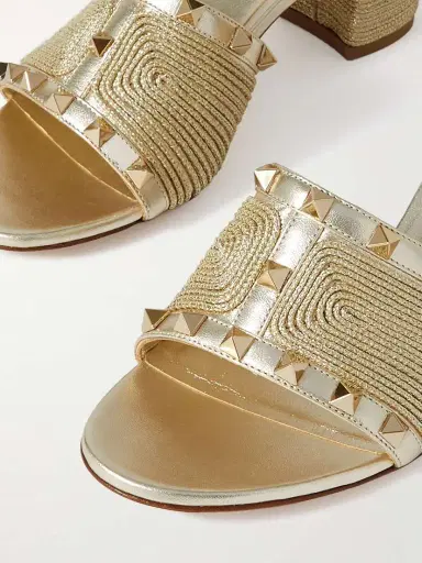 Valentino Garavani Rockstud 60 Embellished Raffia-trimmed Metallic Leather Sandals | Thumbnail 4 Valentino Garavani Rockstud 60 Embellished Raffia-trimmed Metallic Leather Sandals | Thumbnail 4