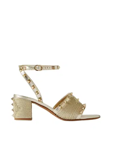 Valentino Garavani Rockstud 60 Embellished Raffia-trimmed Metallic Leather Sandals | Thumbnail 1 Valentino Garavani Rockstud 60 Embellished Raffia-trimmed Metallic Leather Sandals | Thumbnail 1