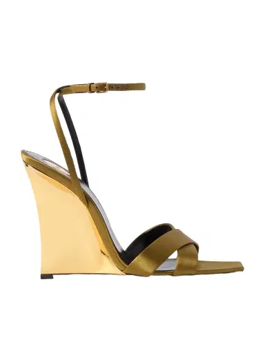 Saint Laurent Lucienne Leather-trimmed Satin Wedge Sandals | Thumbnail 1 Saint Laurent Lucienne Leather-trimmed Satin Wedge Sandals | Thumbnail 1