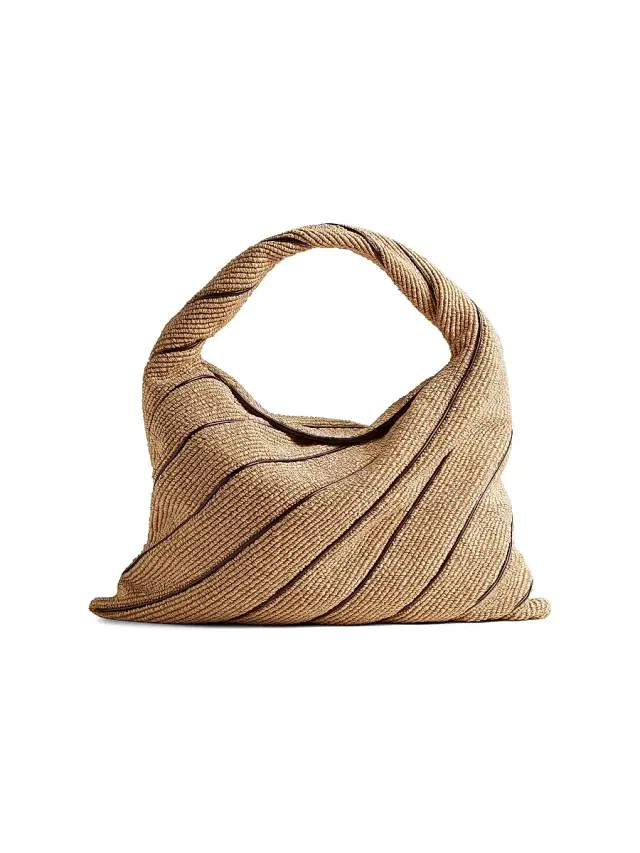 Bottega Veneta Women's  Hop Leather-Striped Raffia Shoulder Bag - Fondant