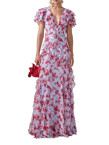 Carolina Herrera Women's Cabana Floral Silk Ruffled V-Neck Gown - Celeste Multi | Thumbnail 2 Carolina Herrera Women's Cabana Floral Silk Ruffled V-Neck Gown - Celeste Multi | Thumbnail 2