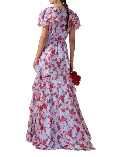 Carolina Herrera Women's Cabana Floral Silk Ruffled V-Neck Gown - Celeste Multi | Thumbnail 3 Carolina Herrera Women's Cabana Floral Silk Ruffled V-Neck Gown - Celeste Multi | Thumbnail 3