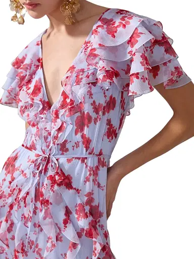 Carolina Herrera Women's Cabana Floral Silk Ruffled V-Neck Gown - Celeste Multi | Thumbnail 4 Carolina Herrera Women's Cabana Floral Silk Ruffled V-Neck Gown - Celeste Multi | Thumbnail 4