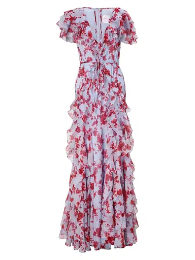 Carolina Herrera Women's Cabana Floral Silk Ruffled V-Neck Gown - Celeste Multi | Thumbnail 1 Carolina Herrera Women's Cabana Floral Silk Ruffled V-Neck Gown - Celeste Multi | Thumbnail 1