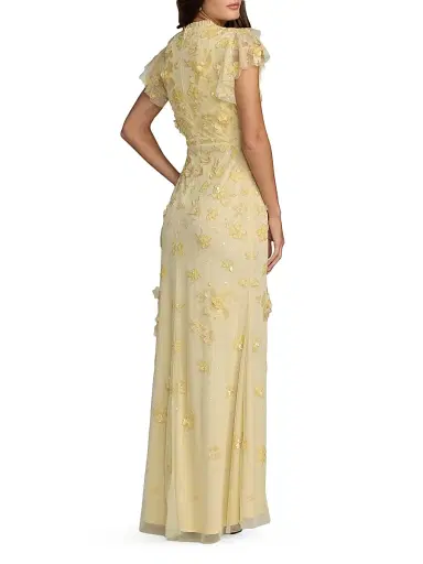 Mac Duggal Women's High Neck Flutter-Sleeve Floral Embellished Gown | Thumbnail 2 Mac Duggal Women's High Neck Flutter-Sleeve Floral Embellished Gown | Thumbnail 2